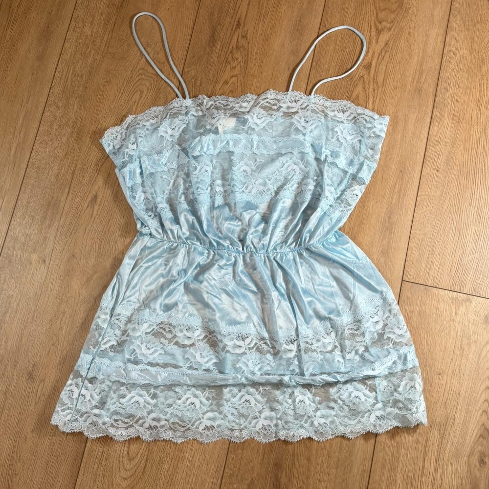 Vtg 70s 80s Womens Nightgown M Blue Satin Babydoll Slip Dress Fairy Coquette USA